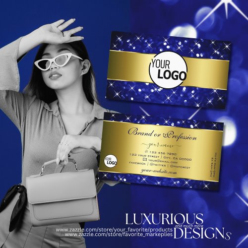 Luxury Royal Blue Glitter Stars Gold and Logo Business Card