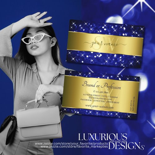 Luxury Royal Blue Glitter Stars Gold and Monogram Business Card