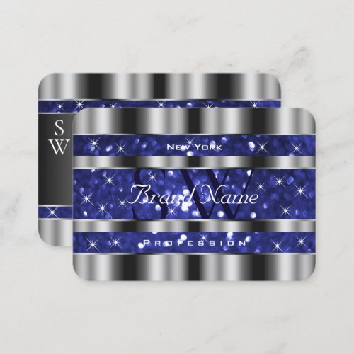Luxury Royal Blue Glitter Stars Monogram Silver Business Card