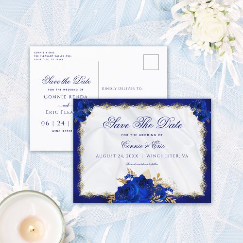 Luxury Royal Blue Gold Floral Roses Wedding Announcement Postcard