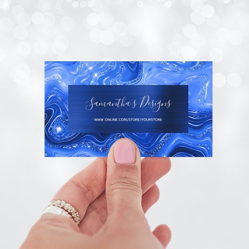 Luxury Royal Blue Marble Agate Glam Navy Foil Business Card