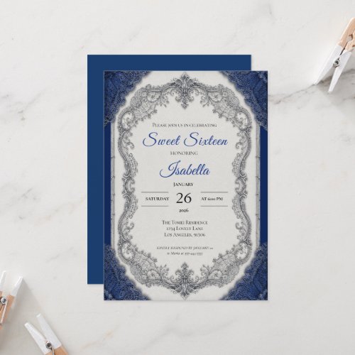 Luxury Royal Blue Silver Sweet 16 Invitation