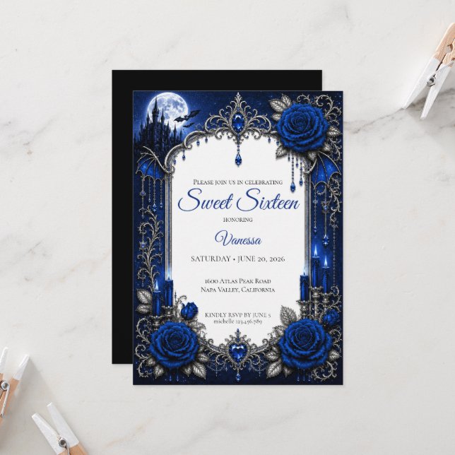 Luxury Royal Blue Silver Sweet 16 Invitation (Front/Back In Situ)