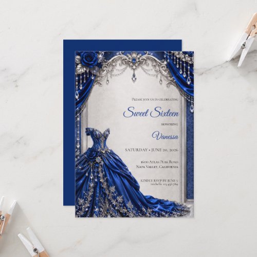Luxury Royal Blue Silver Sweet 16 Invitation
