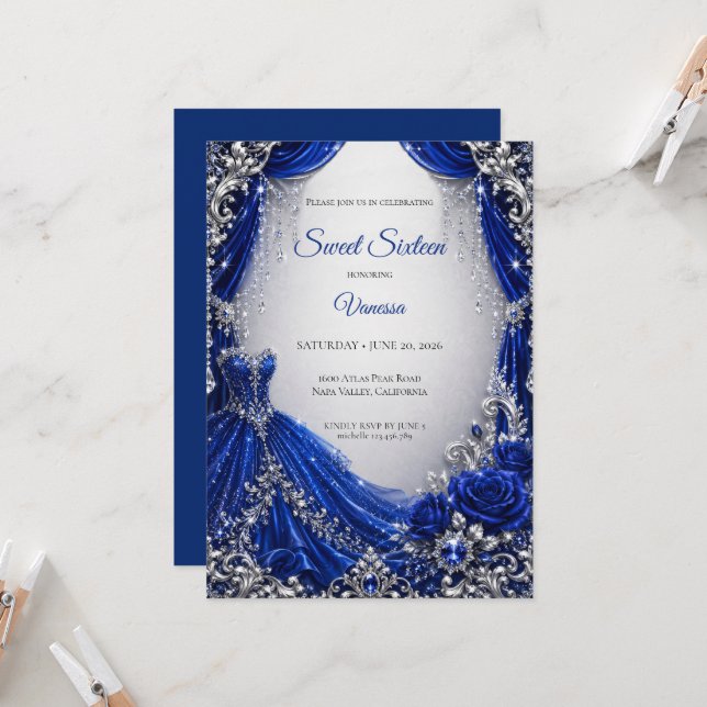 Luxury Royal Blue Silver Sweet 16 Invitation (Front/Back In Situ)