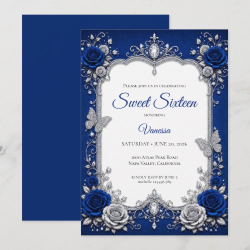 Luxury Royal Blue Silver Sweet 16 Invitation