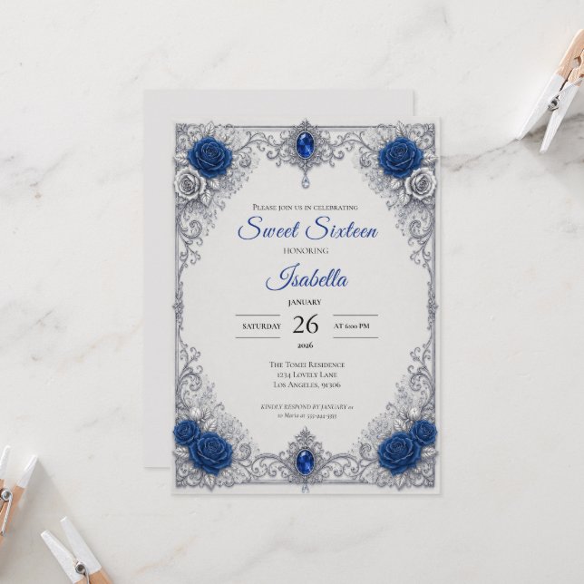 Luxury Royal Blue Silver Sweet 16 Invitation (Front/Back In Situ)