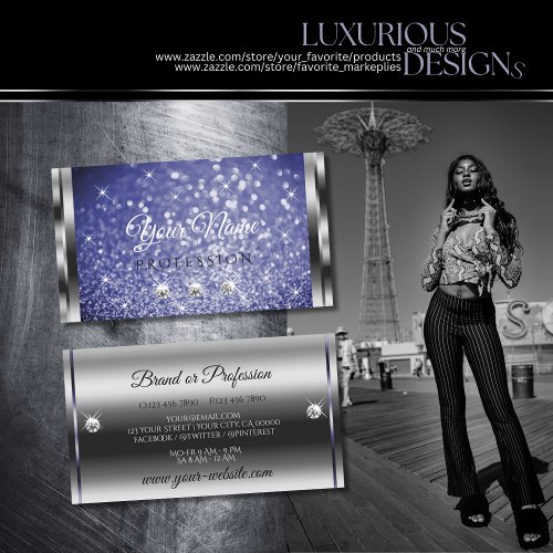 Luxury Royal Blue Sparkle Glitter Diamonds Silver  Business Card