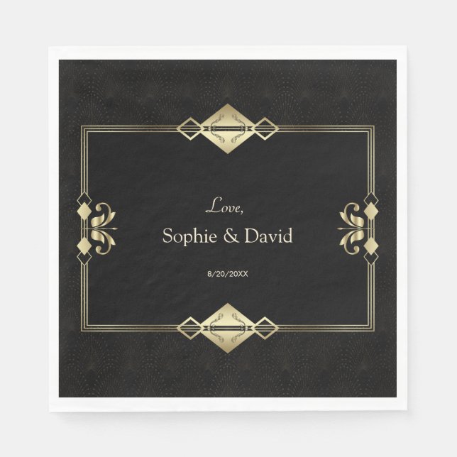Luxury Royal Gold Black Art Deco 1920s Wedding  Napkins (Front)
