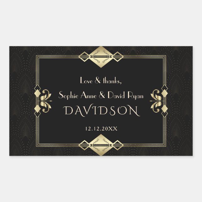 Luxury Royal Gold Black Art Deco 1920s Wedding  Rectangular Sticker (Front)