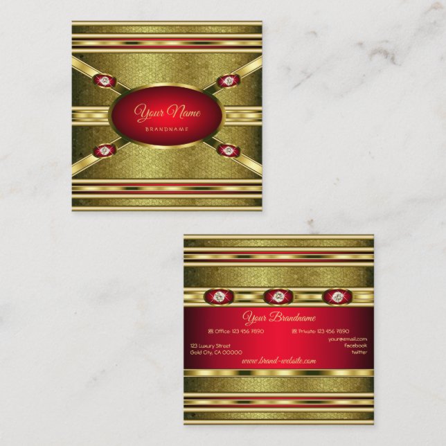 Luxury Royal Gold Patterned Red and Faux Gemstones Square Business Card (Front/Back)
