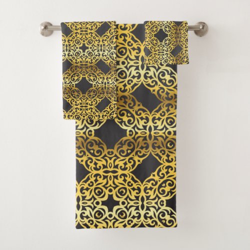 Luxury Royal Oriental Gold Damask Pattern On Black Bath Towel Set