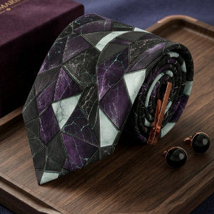Luxury Royal Purple and Black Marble Geometric Neck Tie