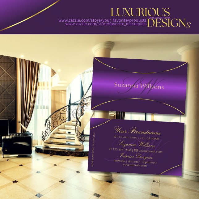 Luxury Royal Purple with Gold Border and Monogram Business Card (Creator Uploaded)