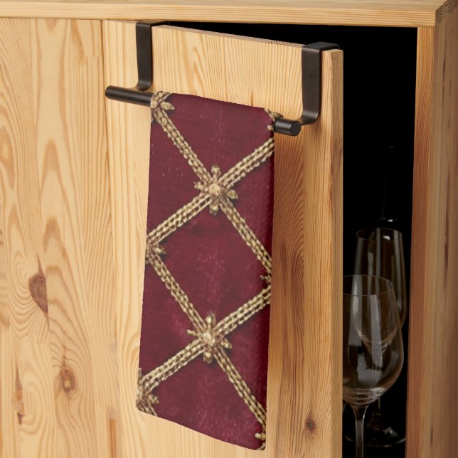 Luxury Ruby Red Velvet Diamond Trellis Pattern Kitchen Towel (Thirds Fold)