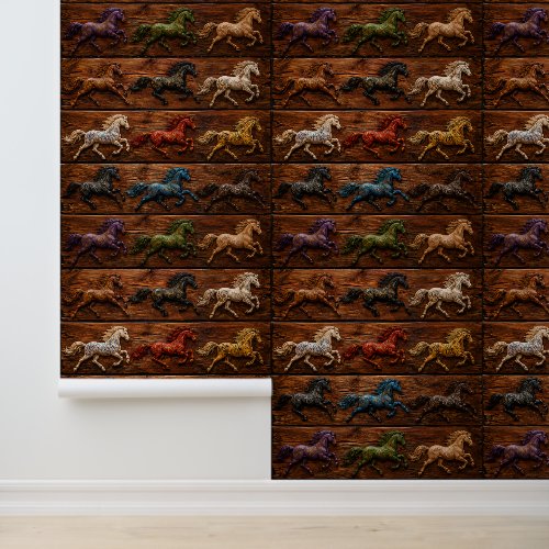 Luxury rustic running horse wooden carved wallpape wallpaper