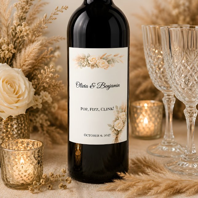 Luxury Rustic Wedding With Ivory Roses Wine Label (Part of the luxury rustic wedding theme collection, wine labels)