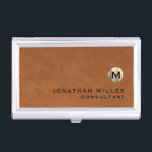 Luxury Sable Brown Leather Gold Monogram Business Card Case<br><div class="desc">Simple modern design with luxury brushed metallic gold monogram medallion with personalized name and title or custom text below in classic block typography on a sable brown leather textured background. Personalize for your custom use.</div>