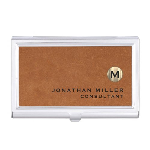 Luxury Sable Brown Leather Gold Monogram Business Card Case