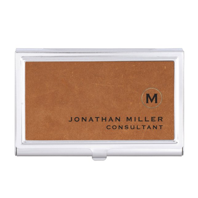 Luxury Sable Brown Leather Gold Monogram Business Card Case (Front)