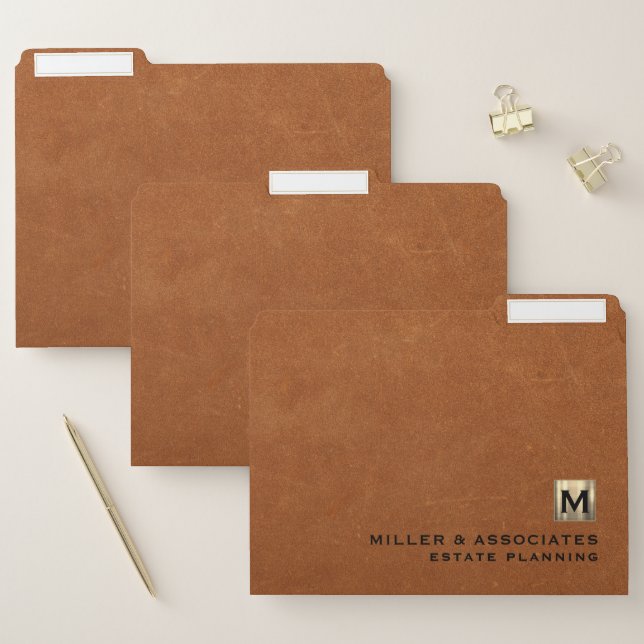 Luxury Sable Leather Brushed Gold Monogram File Folder (Set)