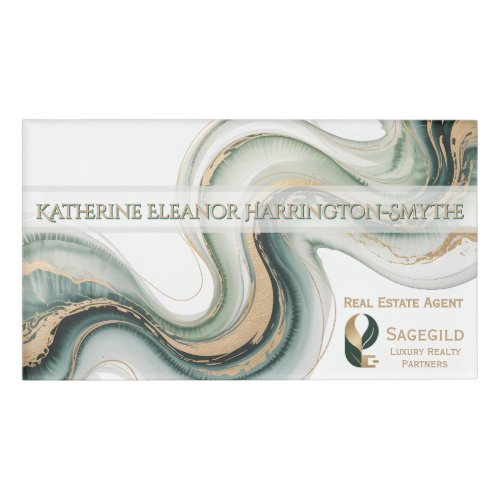 Luxury sage and gold marble realtor logo magnetic name tag