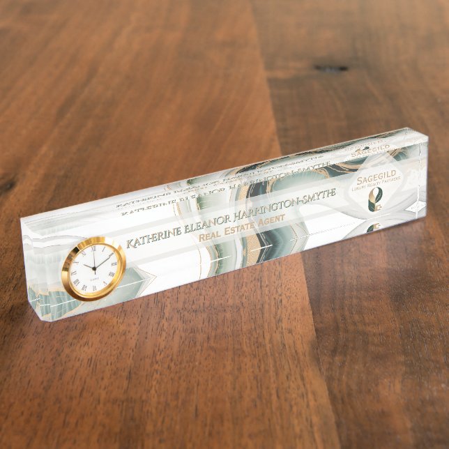 Luxury Sage Gold Marble Plus Clock Realtor Office Desk Name Plate (Side)