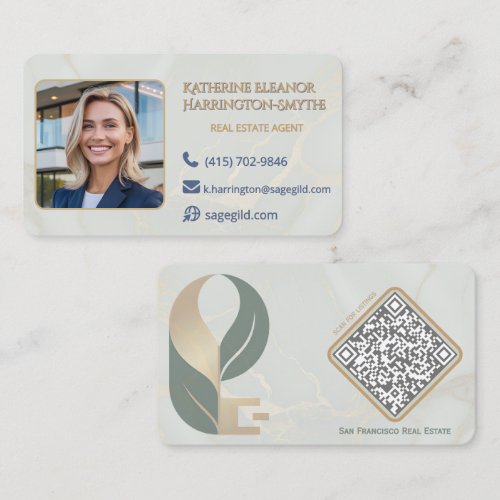 Luxury Sage & Gold Marble Realtor Photo QR Design Business Card