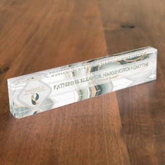 Luxury Sage Gold Marble Sleek Realtor Office Logo  Desk Name Plate
