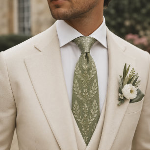Luxury Sage Green Botanical Ivory Laurel Jacquard Neck Tie
