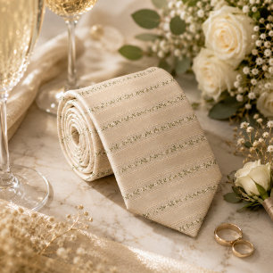 Luxury Sage Green Botanical Stripe Champagne Linen Neck Tie