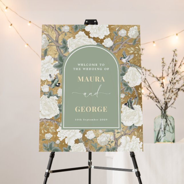 Luxury Sage Green Gold Chinoiserie Wedding Welcome Foam Board (In Situ (Stand))