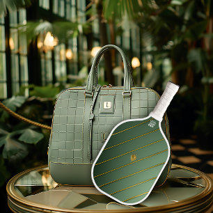 Luxury Sage Green & Gold Monogrammed Carbon Fiber Pickleball Paddle