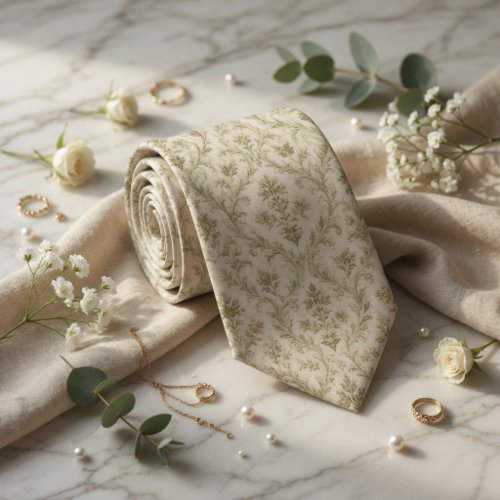 Luxury Sage Green Toile de Jouy Floral Jacquard Neck Tie