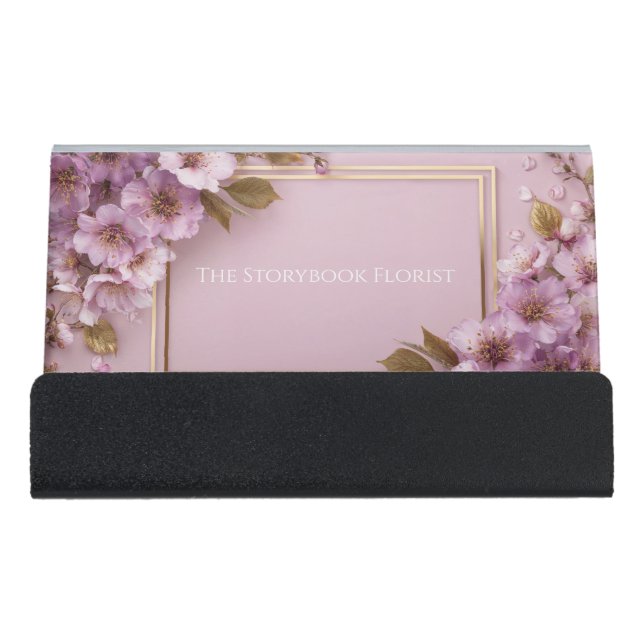 Luxury Sakura & Gold Leaf Pink Purple Desk Business Card Holder (Front)