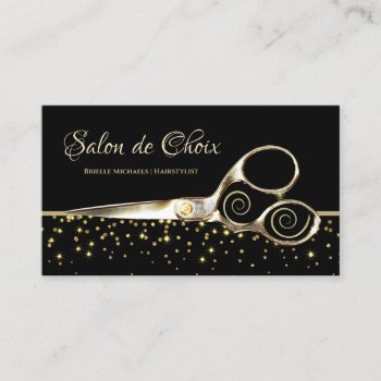 Luxury Salon Gold Sparkles Hair Stylist Scissors Business Card by GirlyBusinessCards at Zazzle