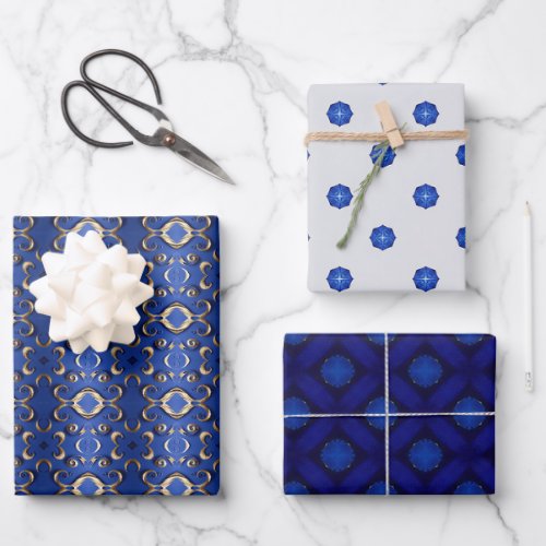 Luxury Sapphire Blue Gold Patterned  Wrapping Paper Sheets