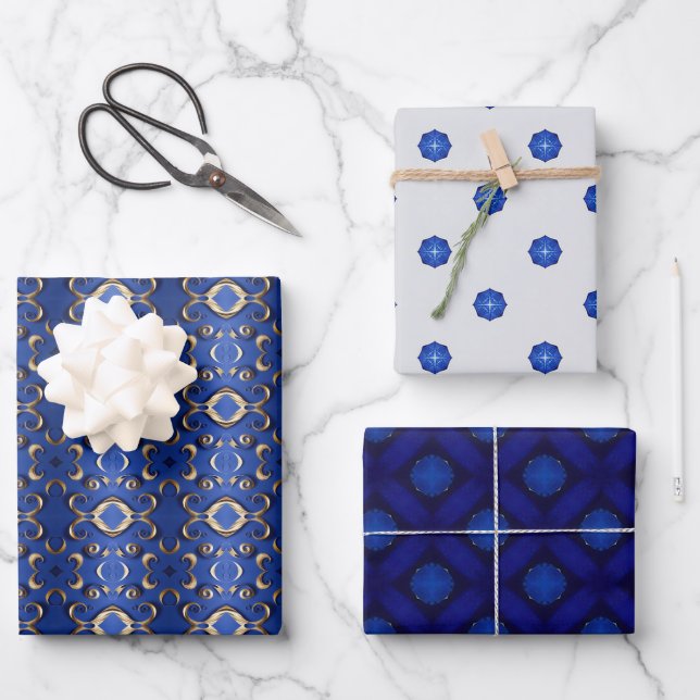 Luxury Sapphire Blue Gold Patterned  Wrapping Paper Sheets (Front)