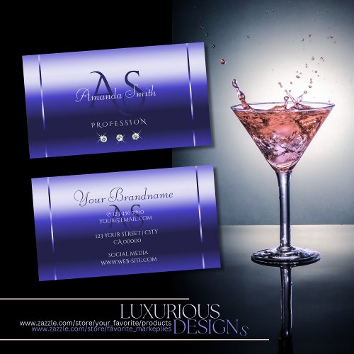 Luxury Sapphire Blue Shimmery Diamonds Initials Business Card