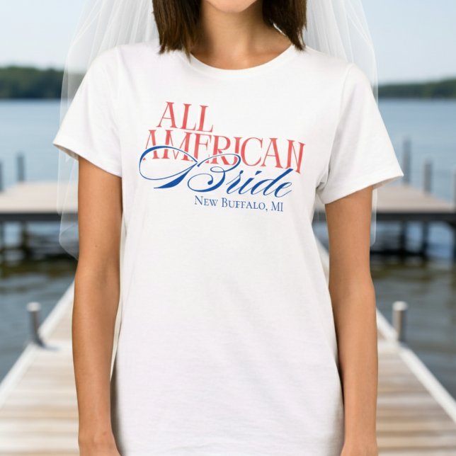 Luxury Script All American Bride Bachelorette T-Shirt (Celebrate the bride with stars, stripes, and sunshine with this Luxury Script All American Bride!)