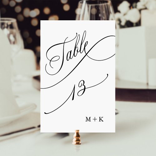Luxury Script Black and White Wedding Number 13 Table Number