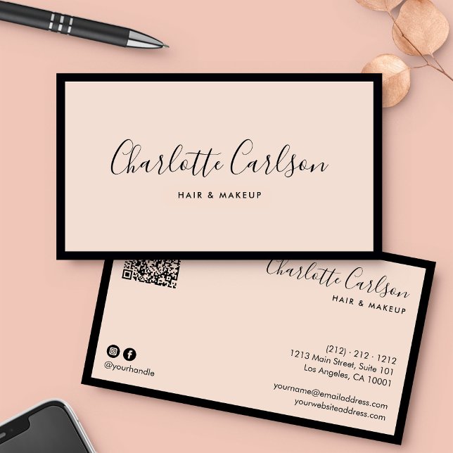 Luxury Script Blush Pink QR Code Social Media Icon Business Card (Creator Uploaded)