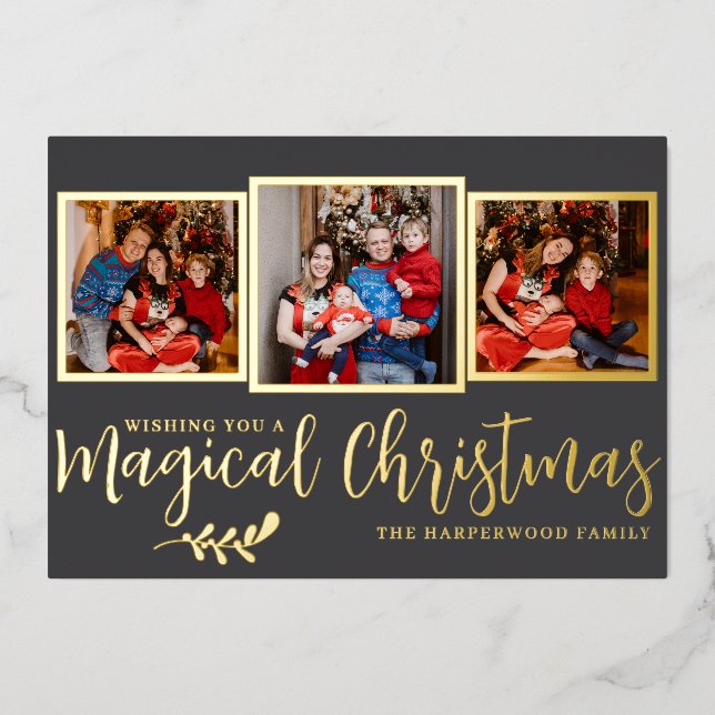 Luxury Script Typography Family Portrait Seasonal Foil Holiday Card (Front)