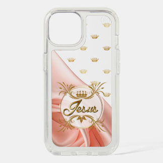 Luxury Scripture Blush Satin Gold Crown Grid Jesus iPhone 15 Case