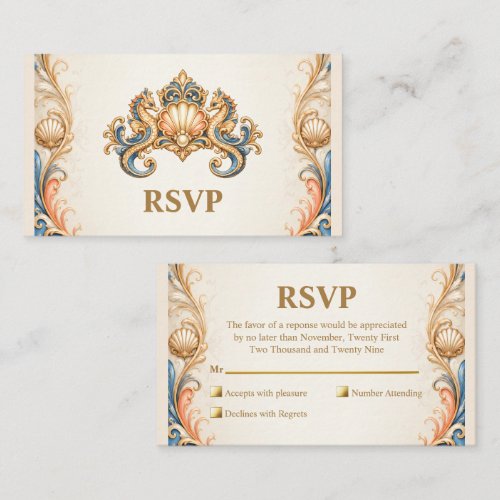 Luxury seahorse beach blue orange gold RSVP Enclosure Card