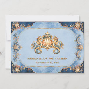 Luxury seahorse beach wedding blue orange invitation