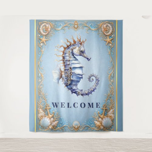 Luxury seahorse beach wedding welcome sign tapestry