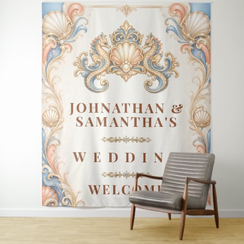 Luxury seahorse crest regal beach welcome sign tapestry