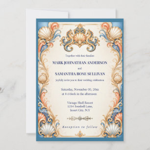 Luxury seahorse decorative beach seashell wedding invitation