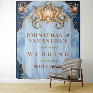 Luxury seahorse orange blue beach welcome sign tapestry